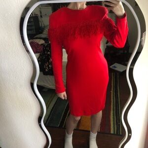 Vintage Red knit long sleeve midi dress with fringe and button back